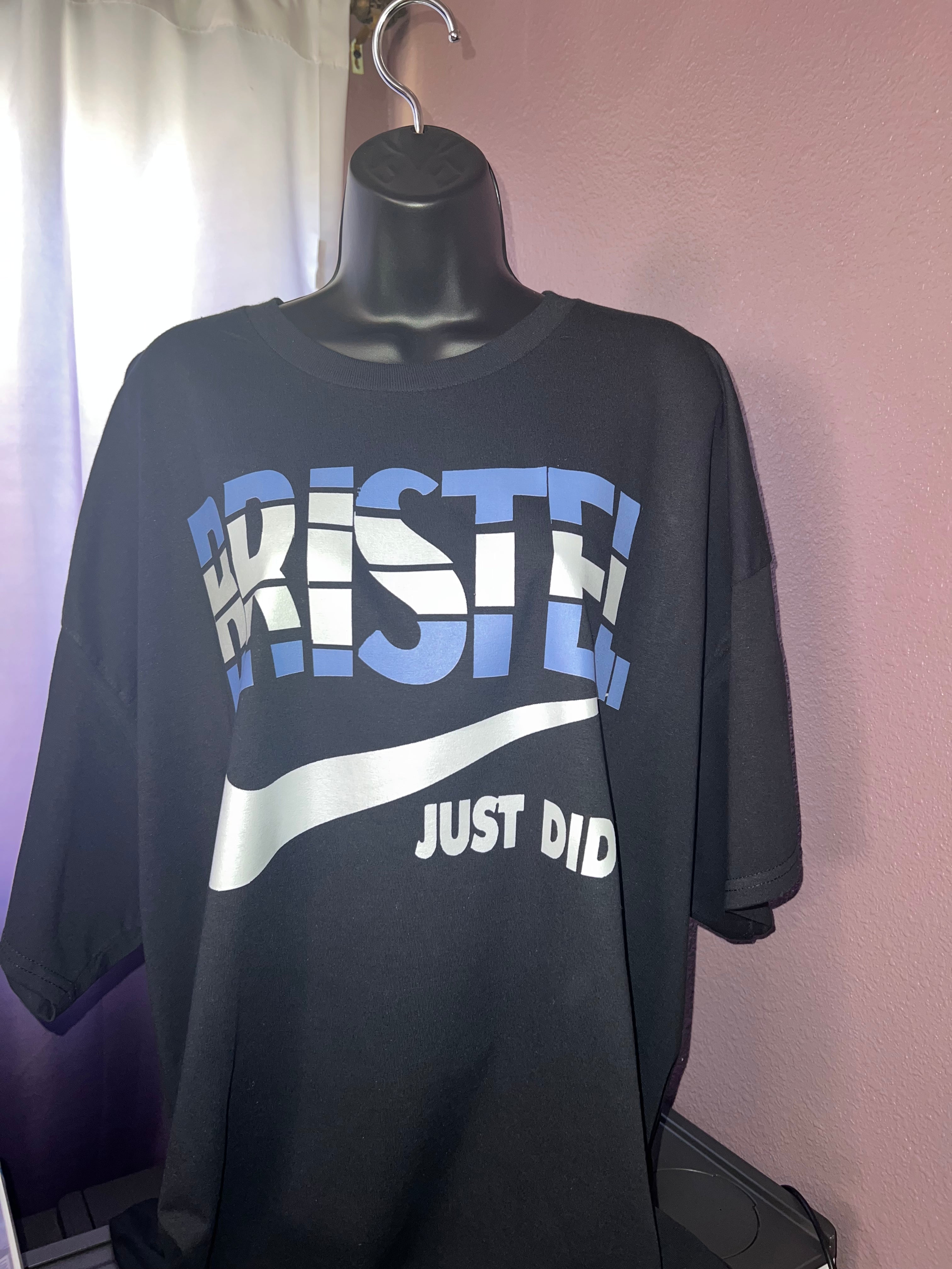 T-Shirt with "last name, swoosh, Just Did It" Graphic Design