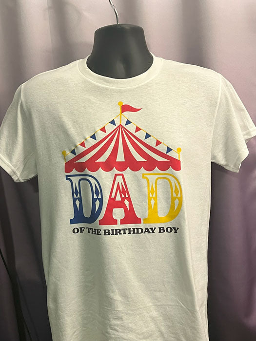 T-Shirt with "Dad of the birthday boy Tent" Graphic Design
