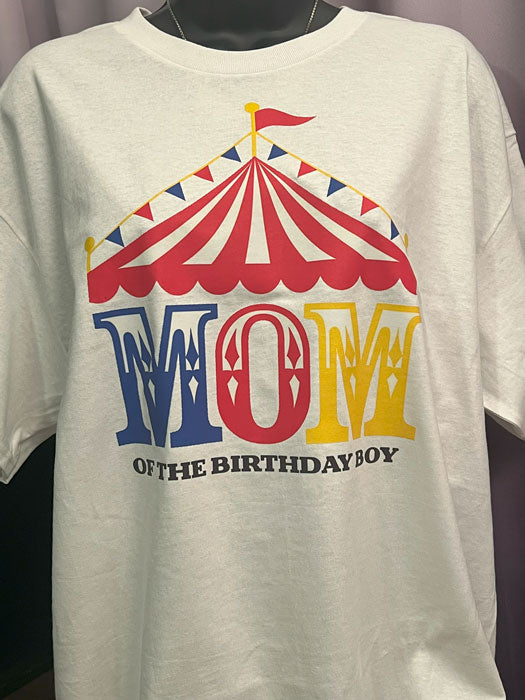 T-Shirt with "Mom of the birthday boy Tent" Graphic Design
