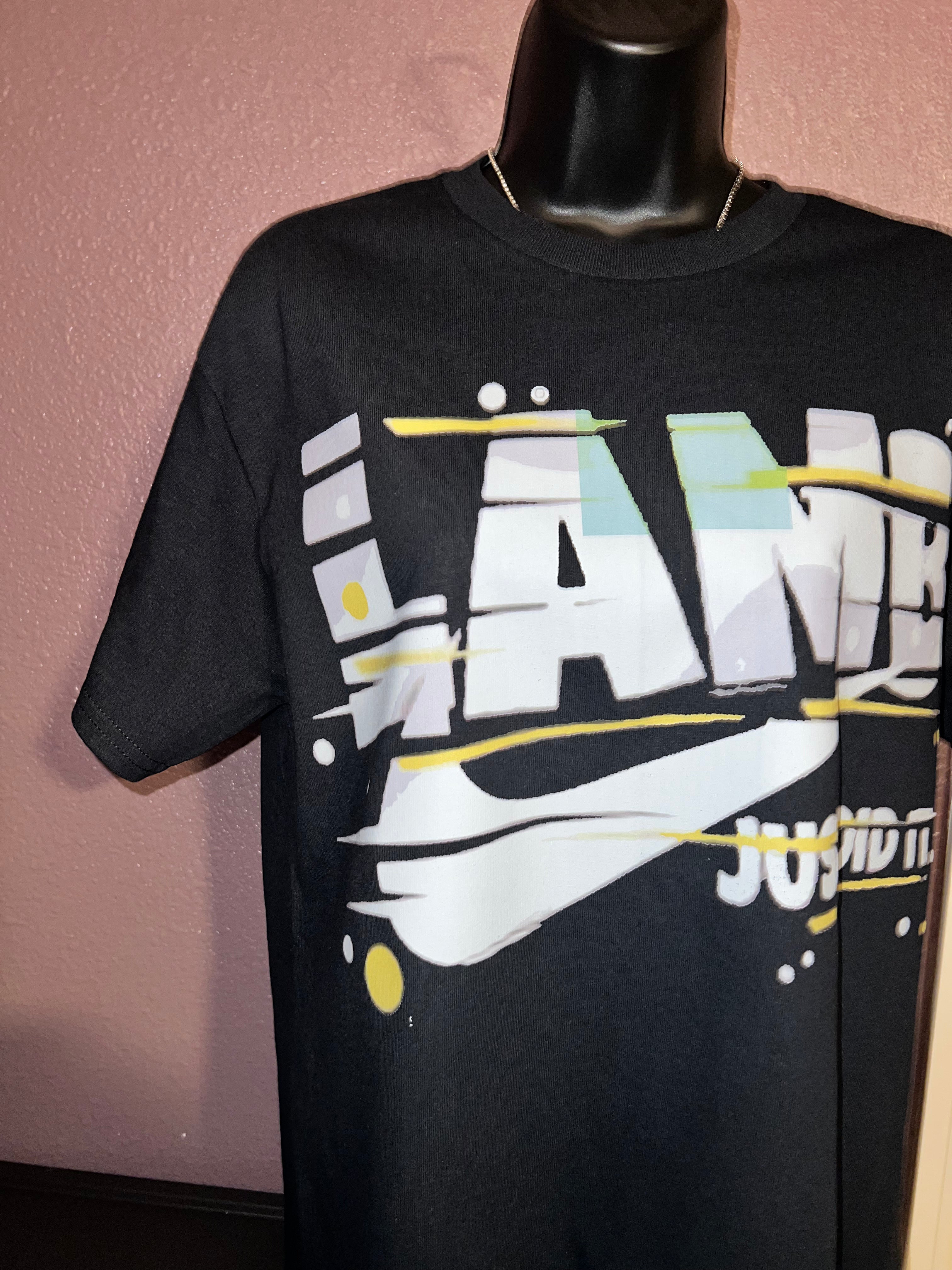 T-Shirt with "last name, swoosh, Just Did It" Graphic Design