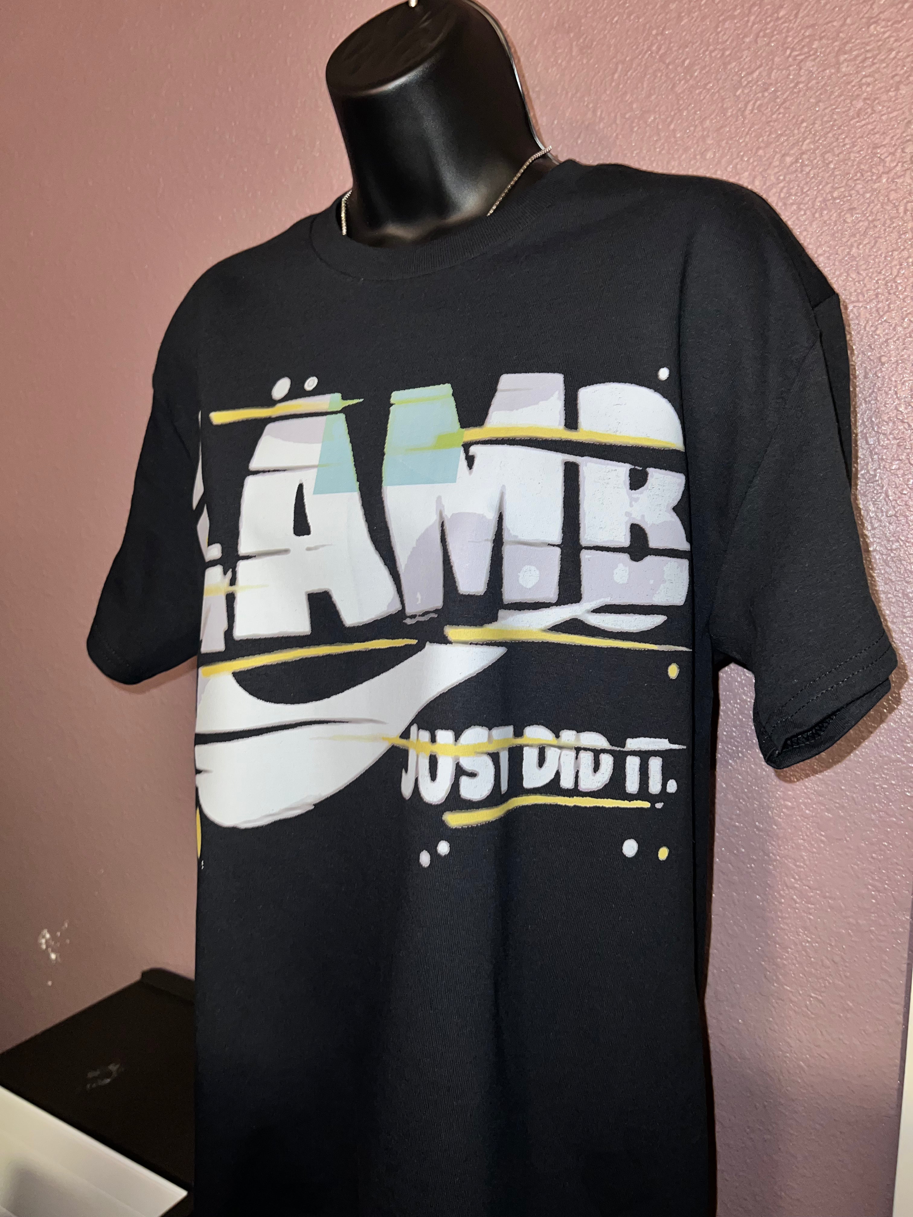 T-Shirt with "last name, swoosh, Just Did It" Graphic Design