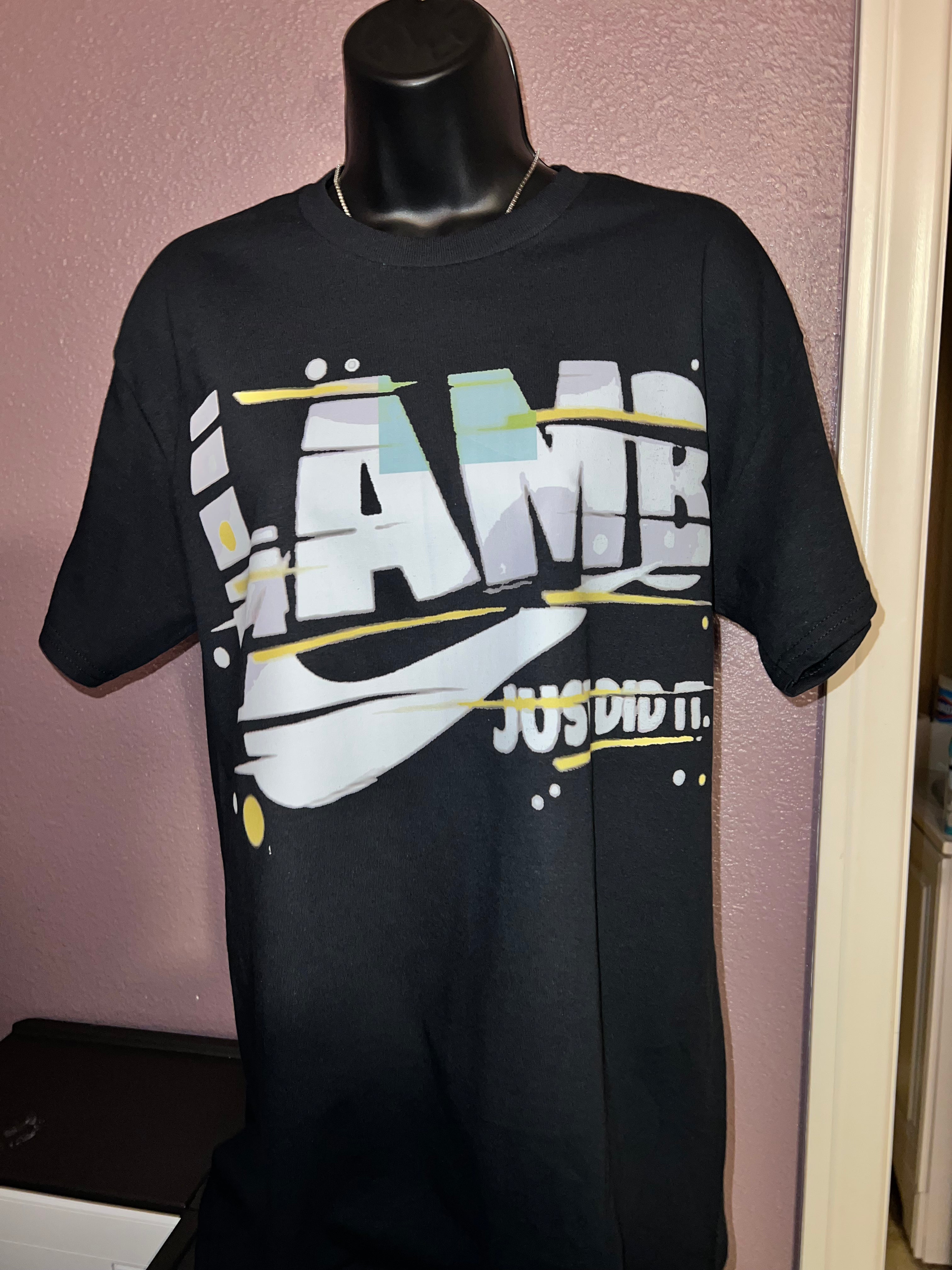 T-Shirt with "last name, swoosh, Just Did It" Graphic Design