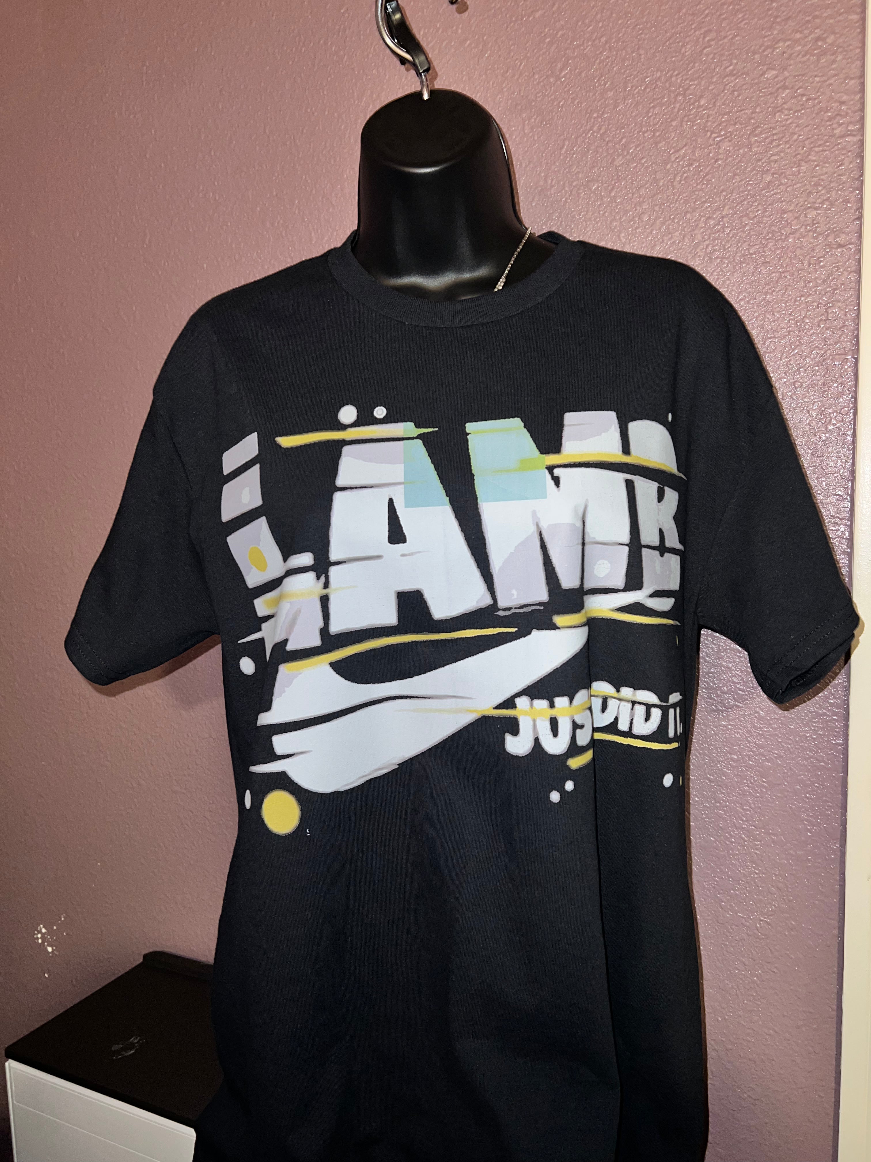 T-Shirt with "last name, swoosh, Just Did It" Graphic Design