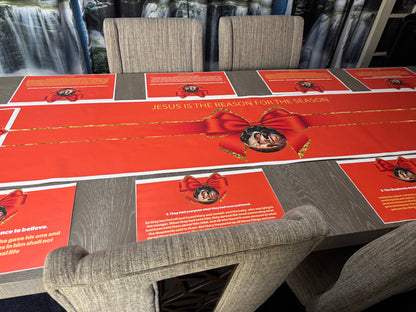 “Jesus Is the Reason for the Season” Premium Canvas Table Runner &amp; Story Placemat Set