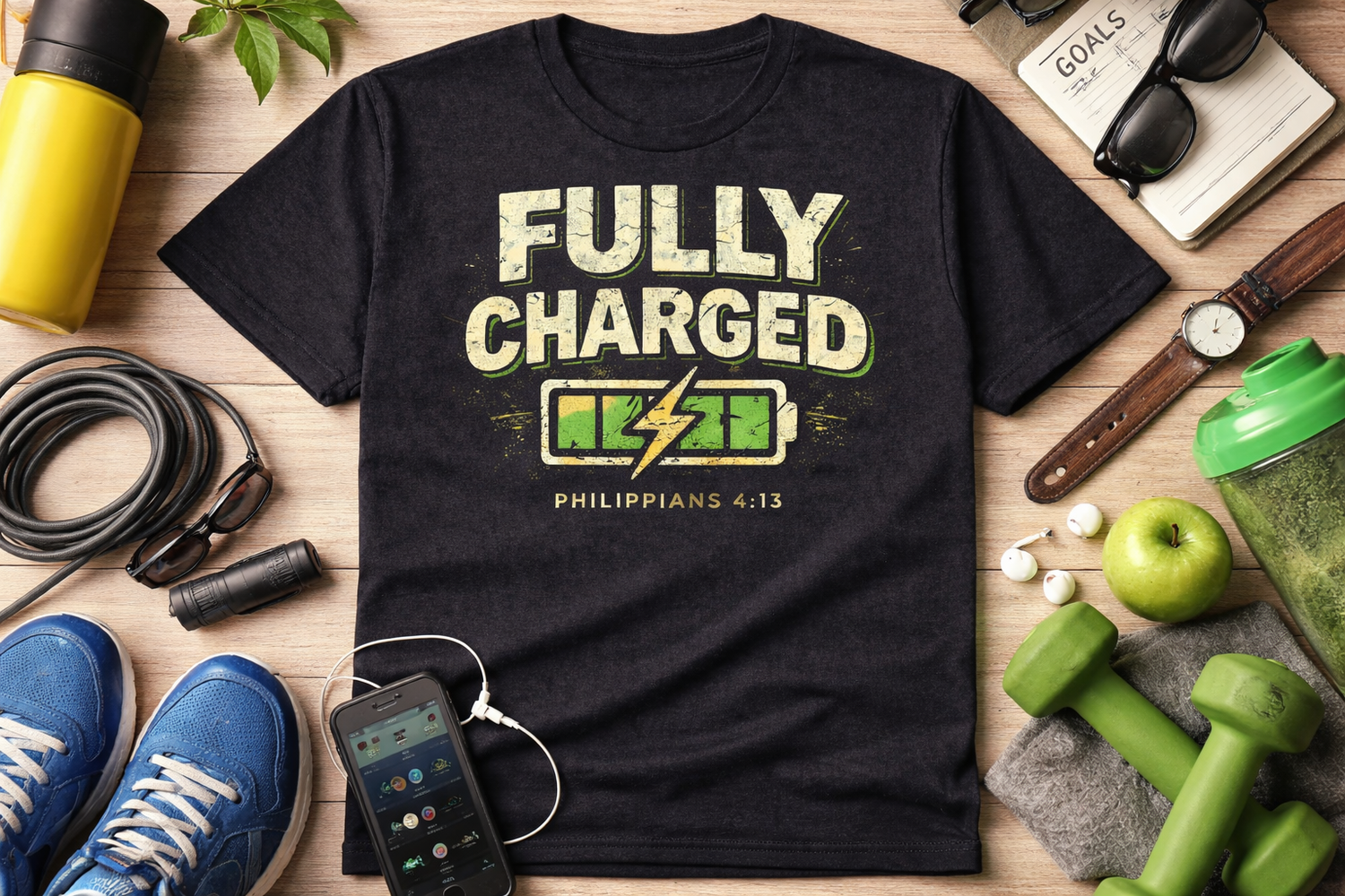 Fully Charged Faith T-Shirt – Philippians 4:13 Christian Motivation Tee