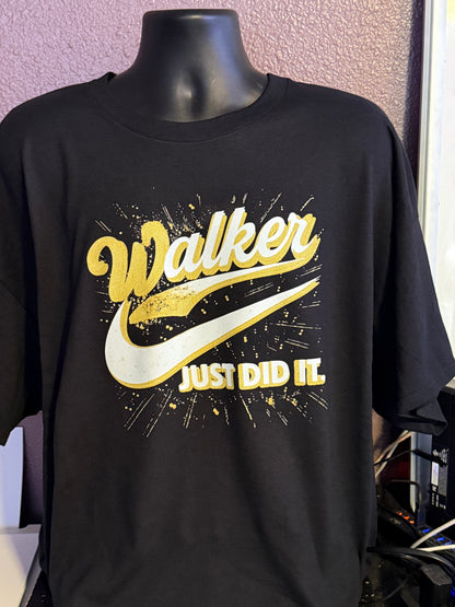 T-Shirt with &quot;last name, swoosh, Just Did It&quot; Graphic Design