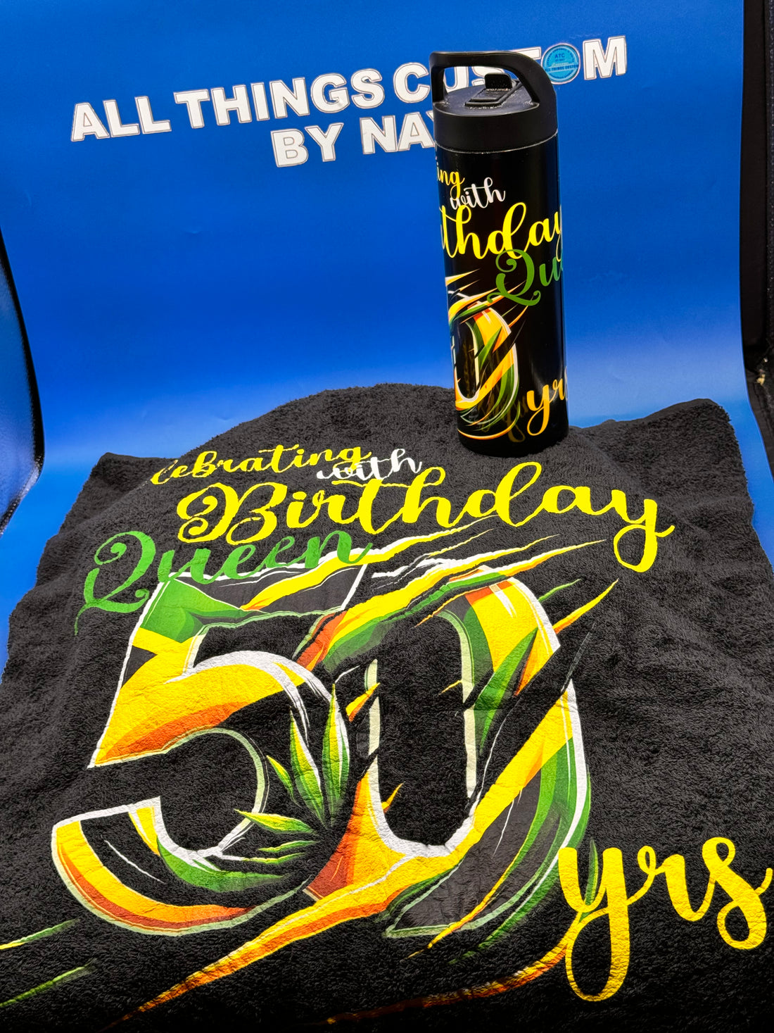 Luxurious Towel & Tumbler Set with “Celebrating with Birthday Queen 50yrs.”