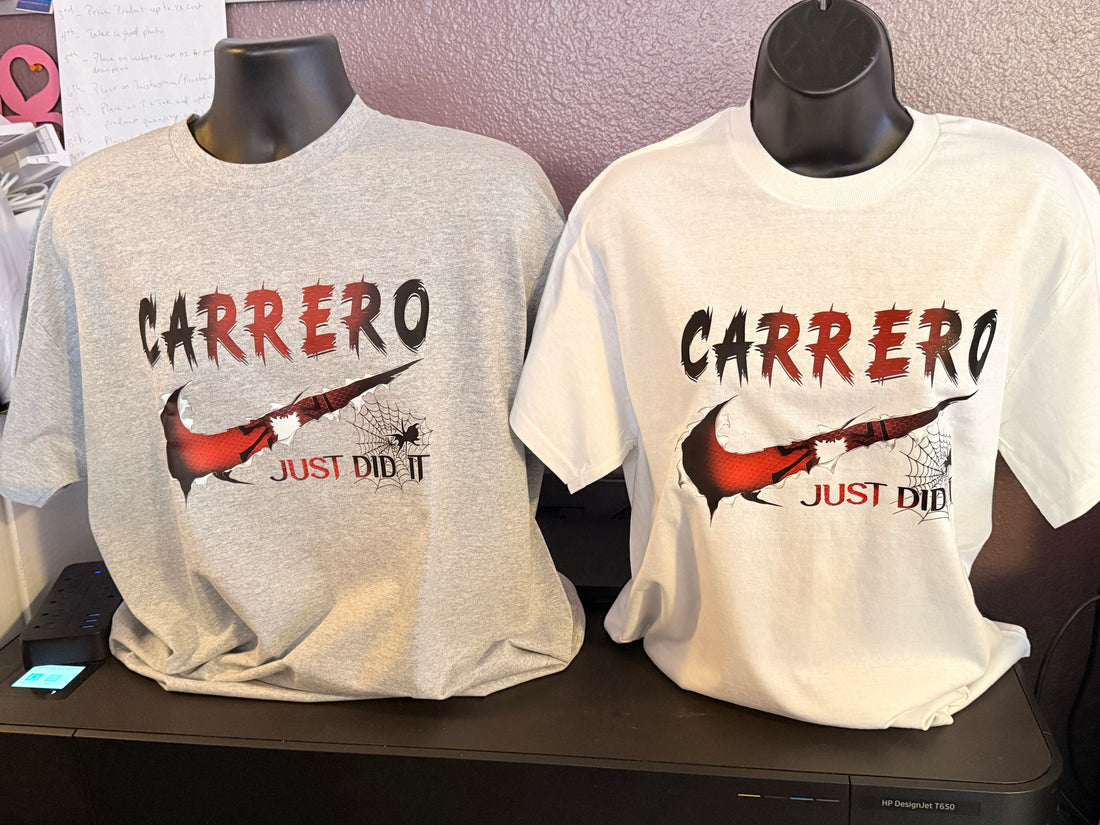 T-Shirt with "last name, swoosh, Just Did It" Graphic Design