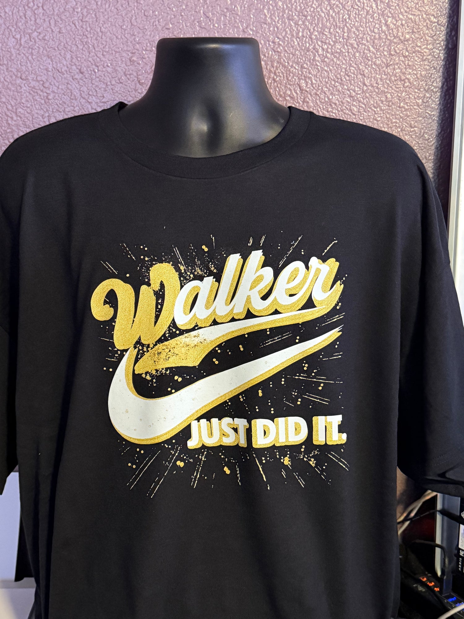 T-Shirt with &quot;last name, swoosh, Just Did It&quot; Graphic Design