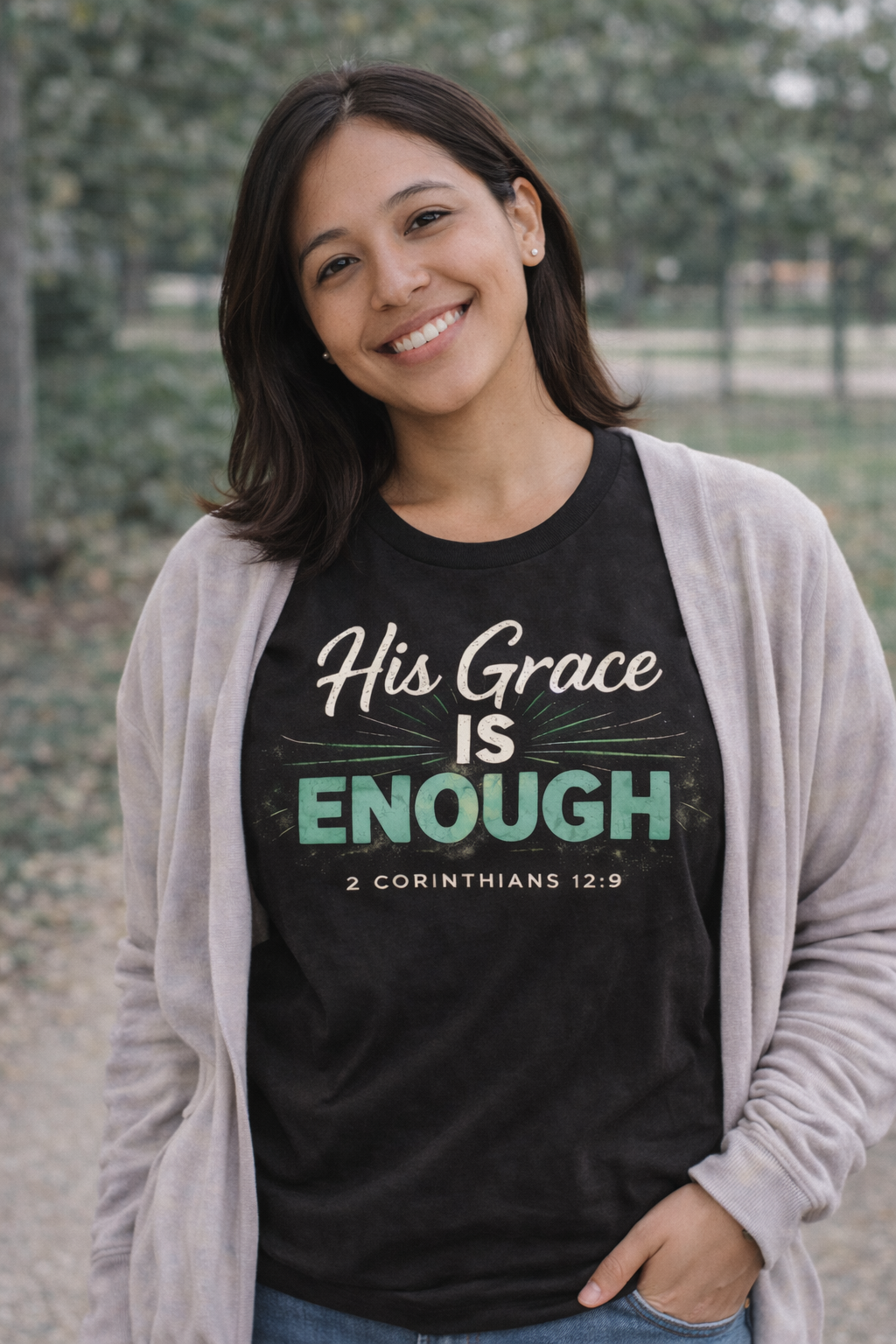 🌿 His Grace Is Enough – Christian Scripture T-Shirt (2 Corinthians 12:9)