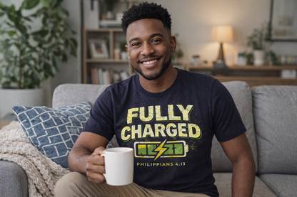 Fully Charged Faith T-Shirt – Philippians 4:13 Christian Motivation Tee