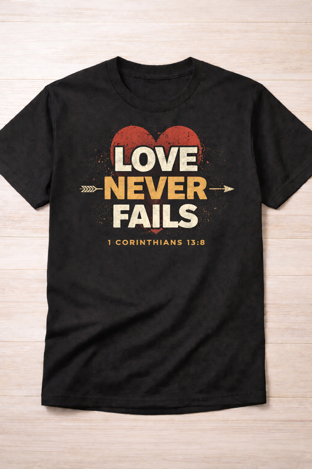 🖤 Love Never Fails – Christian Scripture T-Shirt (1 Corinthians 13:8)