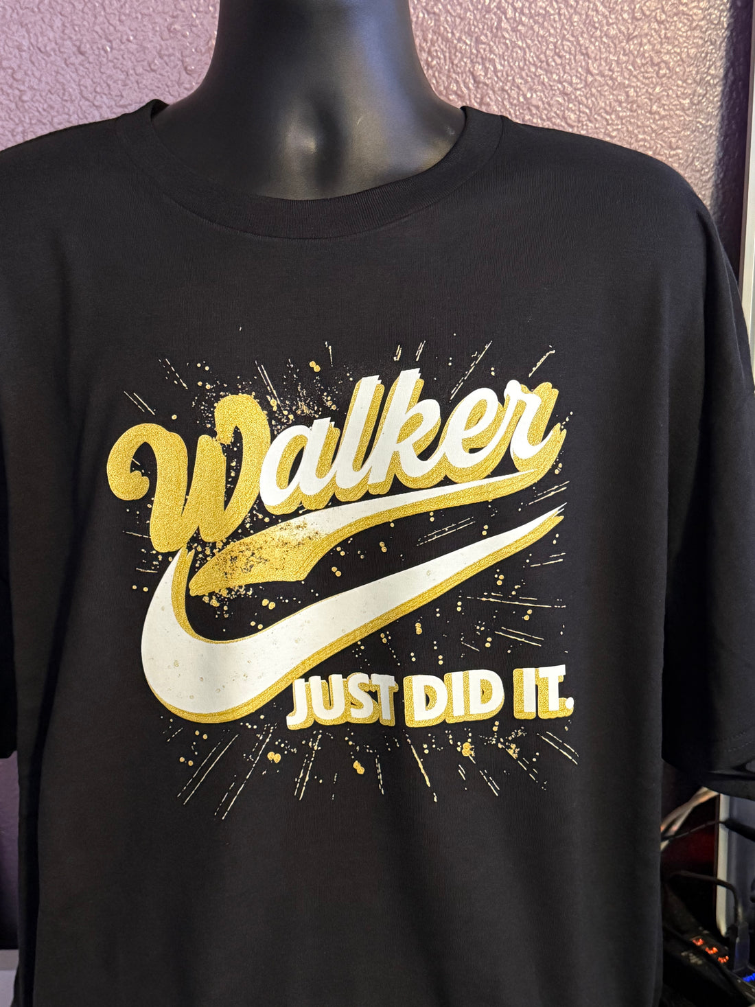 T-Shirt with &quot;last name, swoosh, Just Did It&quot; Graphic Design