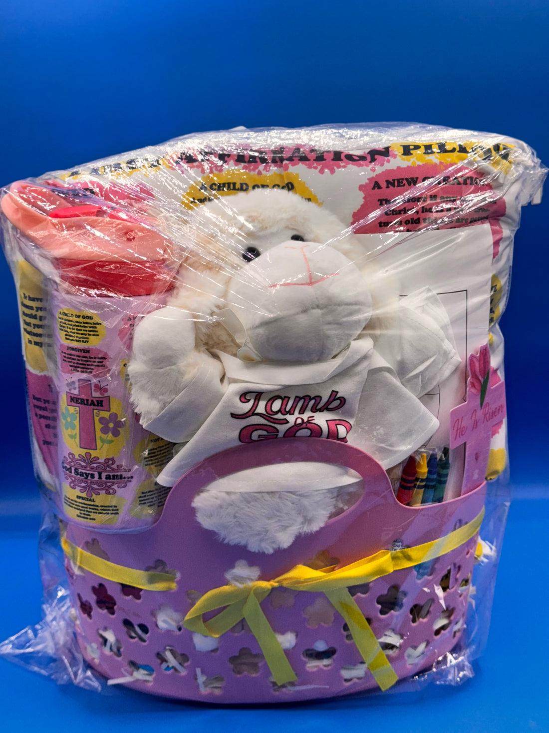 Easter Basket with My First Affirmation Pillow and Kid Tumbler (Religious)