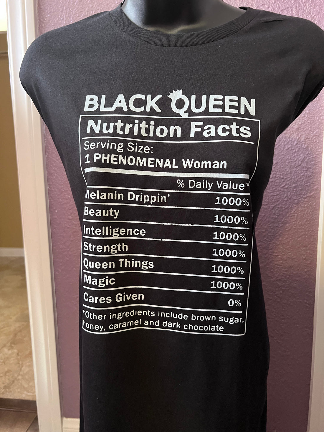 T-Shirt with Black Queen Nutrition Facts Graphic Design